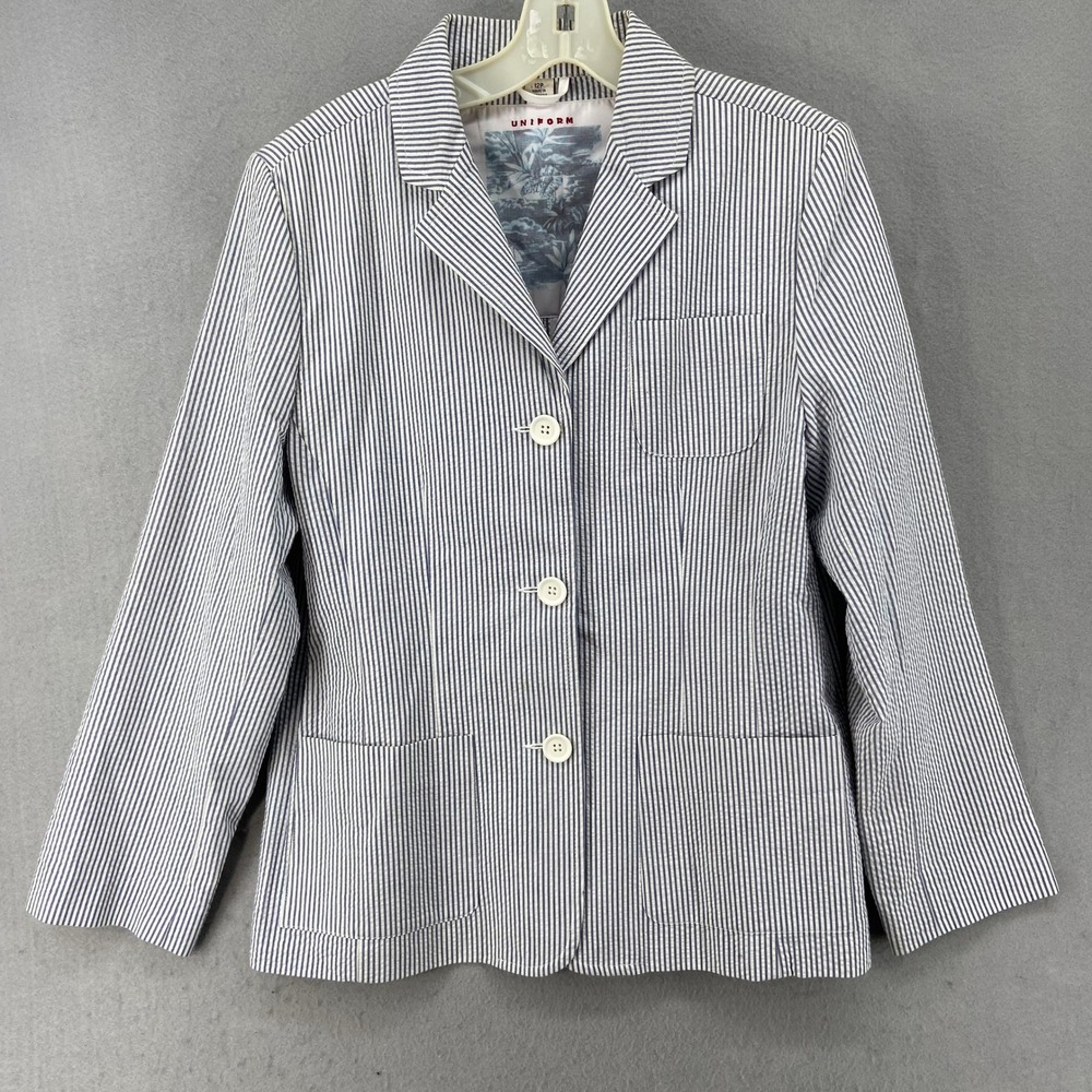 Uniform Blazer Sz 12P Petite Blue White Striped 3 Button Jacket‎ 3/4 Sleeve